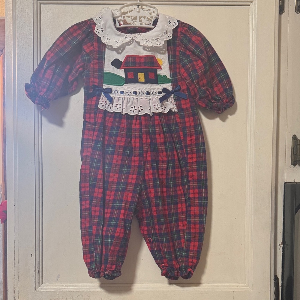Vintage Buster Brown Red and Blue Plaid Baby Romper